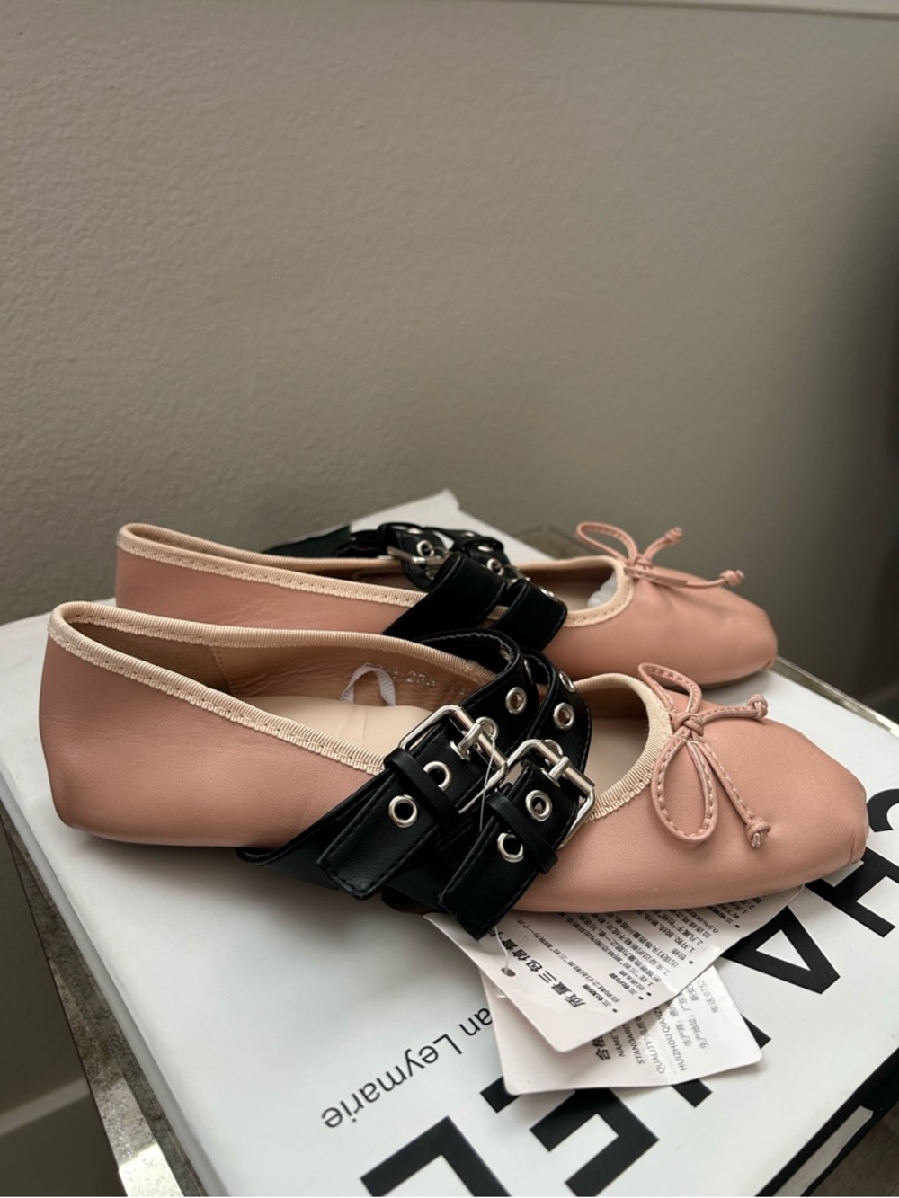 Pink Leather Ballet Flats with Double Black Buckle Straps - Picture 4 of 11